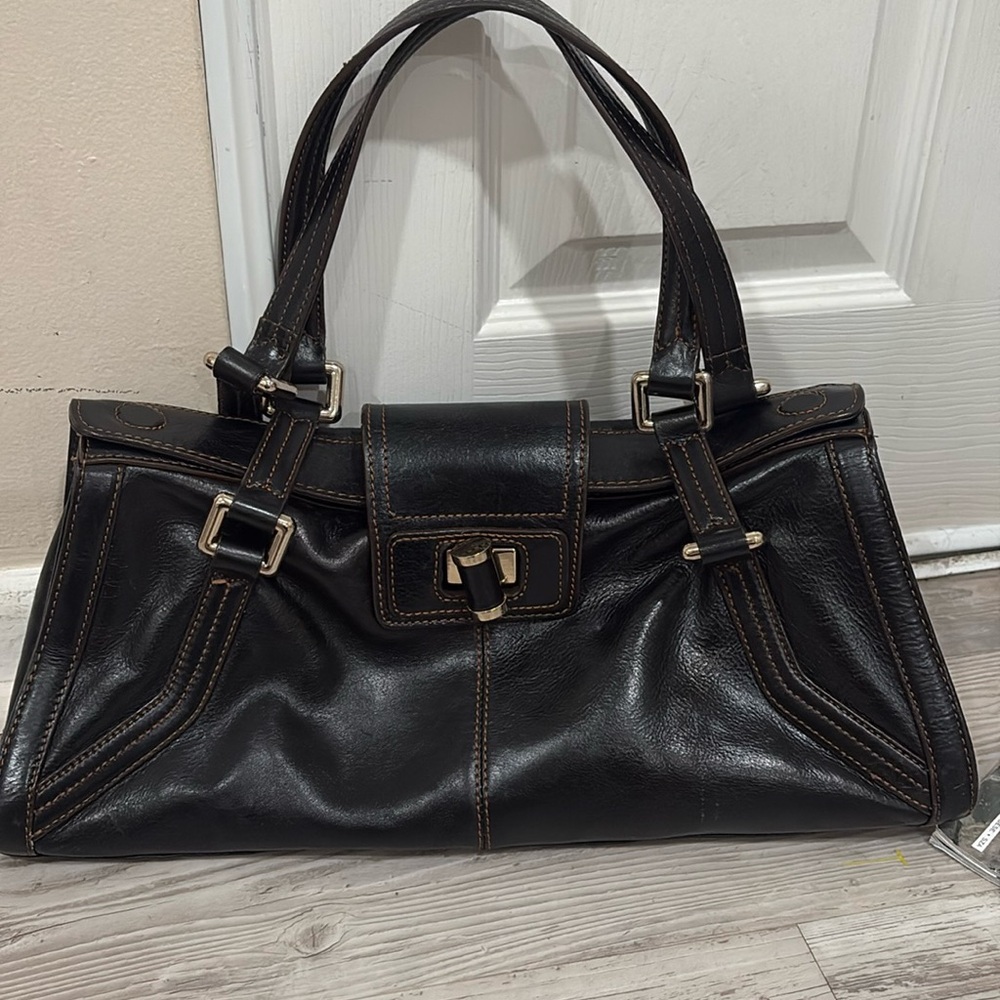 Maxx NY Leather Shoulder Purse Satchel Handbag Espresso Brown Bag Charm